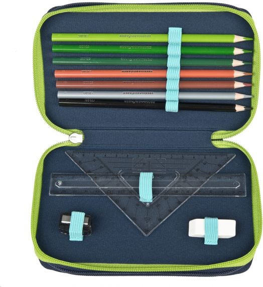 The Пълен ученически несесер Scooli Джурасик свят с три отделения, модел 2026 г., показва цветни моливи, линийка, триъгълник, острилка и гума-всички държани със сини ластици върху тъмносиня вътрешност-идеален комплект за училище.-5