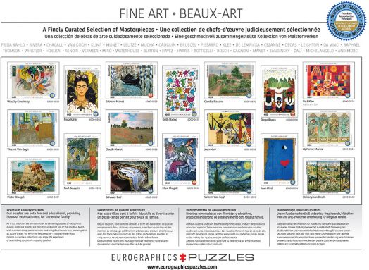 Пъзелът на Eurographics "Теория на цветовете" (1000 части) показва 15 известни шедьовъра на изобразителното изкуство, всеки с изображение, име на художника, заглавие и кратко описание.-4