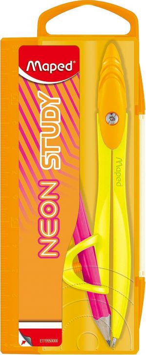 Геометричен комплект Maped Neon Study в оранжева опаковка от книжарница Orange, включващ жълт Пергел Maped и розова линийка, с ярък текст NEON STUDY на лицевата страна.-1