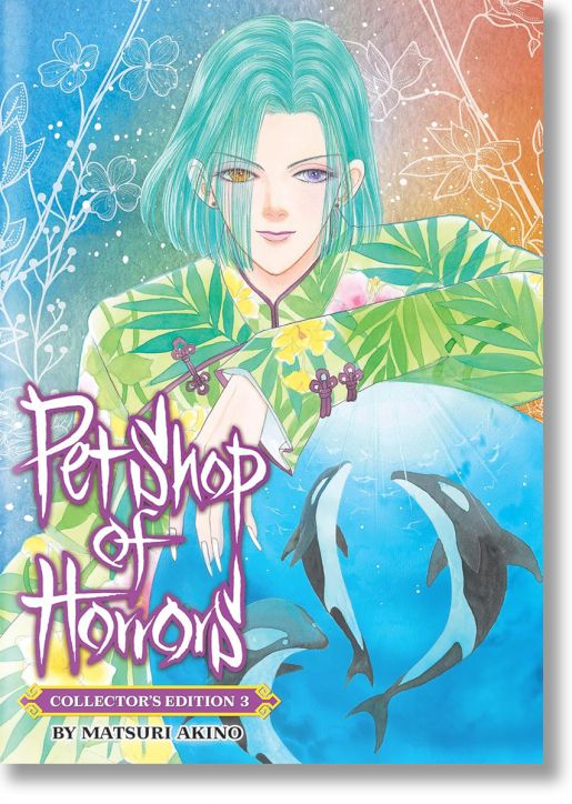 Човек със зелена коса, облечен в роба на цветя, стои на фона на ярки цветя. Отдолу три делфина плуват в син кръг, отразяващ култовия класически стил на "Pet Shop of Horrors Collector's Edition, Vol. 3.