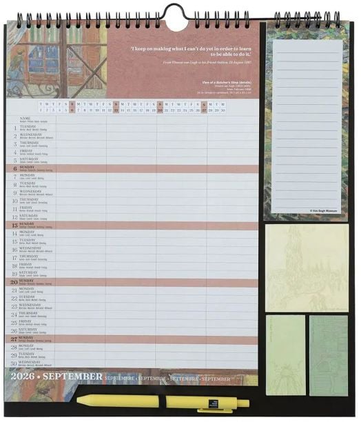 Планер-пад Grupo Erik Van Gogh за 16 месеца (септември 2025 - декември 2026) включва много колонен планер, вдъхновяващ цитат от Ван Гог, линирани и празни стикери и жълт молив. Цветни декоративни бордюри оформят дизайна.-2