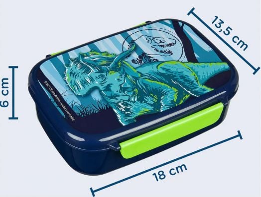 Пластмасова кутия за храна Scooli Jurassic World, модел 2026: синя с динозавър на капака и зелено закопчаване, размери 18x13.5x6 см - идеална практична кутия за деца.-2