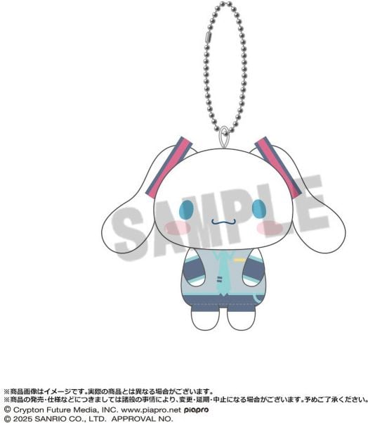 A плюшен ключодържател Hatsune Miku x Cinnamoroll, асортимент, с бял герой с висящи уши, сини очи и розови ивици по ушите в синьо-сив тоалет и вратовръзка от колекцията Blind Box.-5