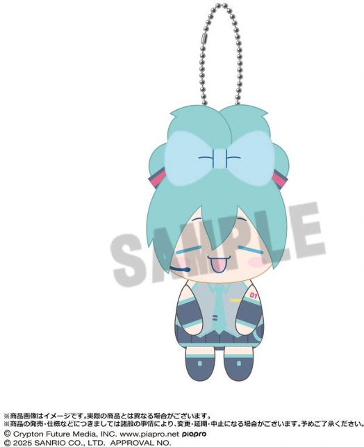 Плюшен Ключодържател Hatsune Miku x Cinnamoroll, асортимент: сладък чиби стил сини опашки, синьо облекло и голяма синя панделка. Усмихнато лице със затворени очи и топче-верижка за лесно закачане - идеален за фенове на плюшени ключодържатели!.-6