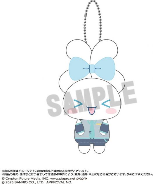 Плюшен Ключодържател Hatsune Miku x Cinnamoroll, асортимент - ключодържател с бял анимационен герой със сини очи, голяма синя панделка и облекло в стил Hatsune Miku и Cinnamoroll.-7