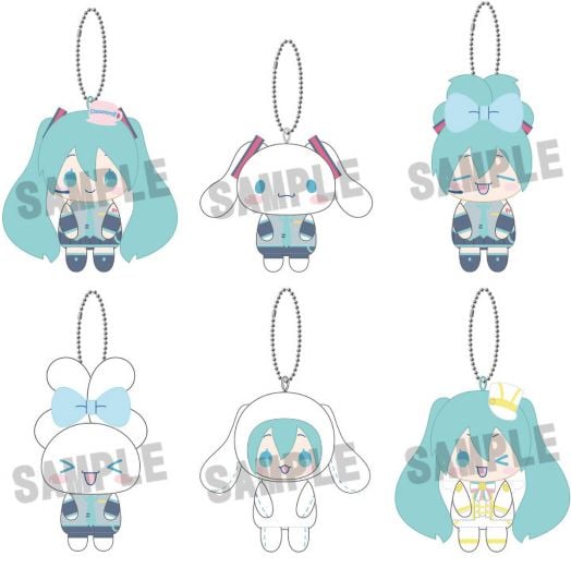 Плюшен Ключодържател Hatsune Miku x Cinnamoroll, асортимент: шест пастелни ключодържателя с Мику в животински и тематични костюми, всеки с метална верижка за закачане на чанти или ключове.-1