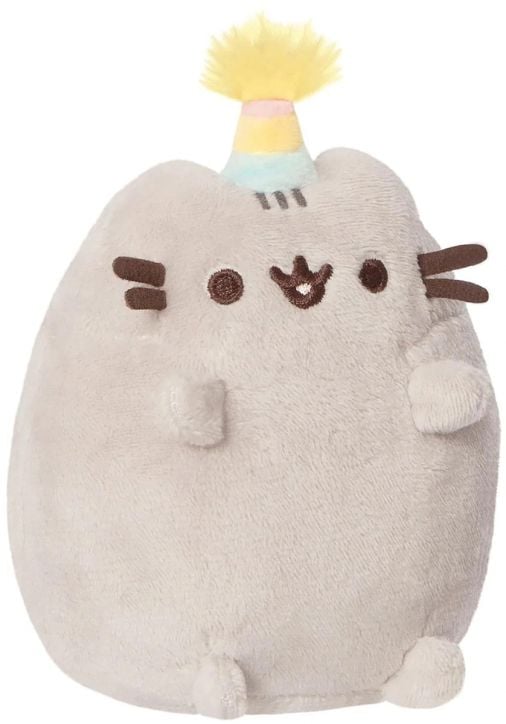 Плюшена играчка Aurora Pusheen The Cat - Party, 14 см: сива котка с усмивка, затворени очи и шарена парти шапка - чудесен подарък за всеки фен на Pusheen!.-1