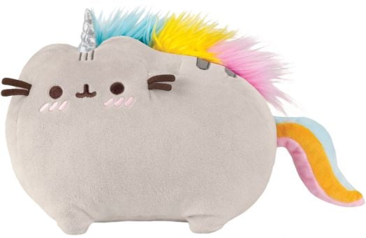 Плюшена играчка Aurora Pusheen The Cat - Unicorn, 24 см - представлява пухкаво сиво коте еднорог с бродирани очи, мустачки и усмихната уста с руменеещи бузки, рог на челото и цветна грива и опашка.-1