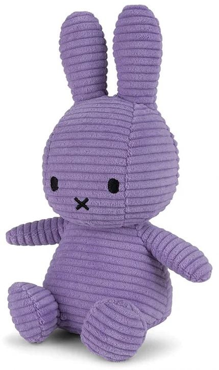 Плюшена играчка Miffy Eco Corduroy - лилав заек, 23 см, с дълги уши и малка X-образна уста, изработена от копринен кордурей от Bon Ton Toys, седи изправена.-2