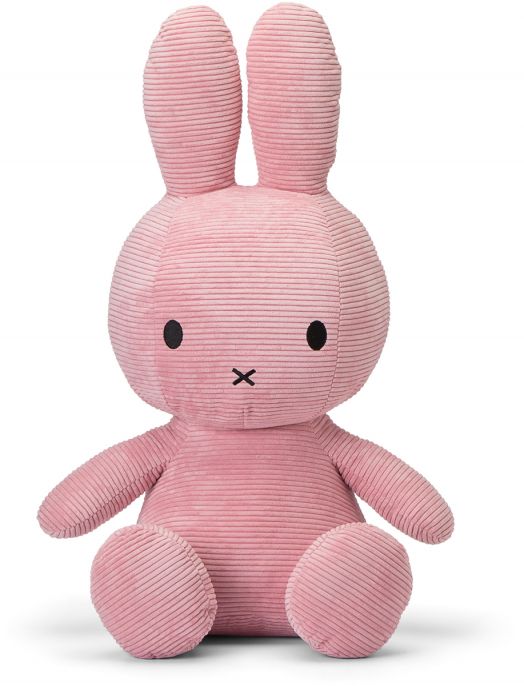 Плюшена играчка Miffy Eco Corduroy - розов заек, 70 см, с мека розова кордура, дълги прави уши, черни кръгли очи и малка X-образна уста, стои изправен на бял фон.-1