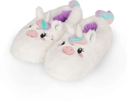 Стъпете в уют с плюшените пантофи Legami - Unicorn, размер 39-41: бели пантофи под формата на еднорог с бродирани очи, розови бузки, цветна грива, сребърен рог и лилави акценти на петата.-1