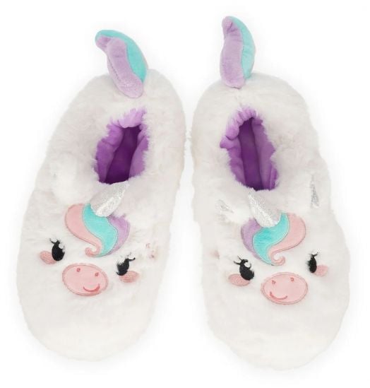 Насладете се на комфорта с Плюшени пантофи Legami - Unicorn, размер 39-41 - пухкави бели чехли, оформени като еднорози с бродирани усмивки, пастелни гриви, сребърни рога и мека лилава вътрешна подплата.-2