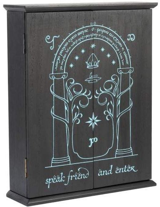 Grupo Erik Поставка за ключове Властелинът на пръстените - Вратите на Дурин е тъмен дървен ключодържател за стена със светеща бяла илюстрация на Вратите на Дурин, с елфически шрифт, дървета, корона и "говори на приятеля и влез".-1