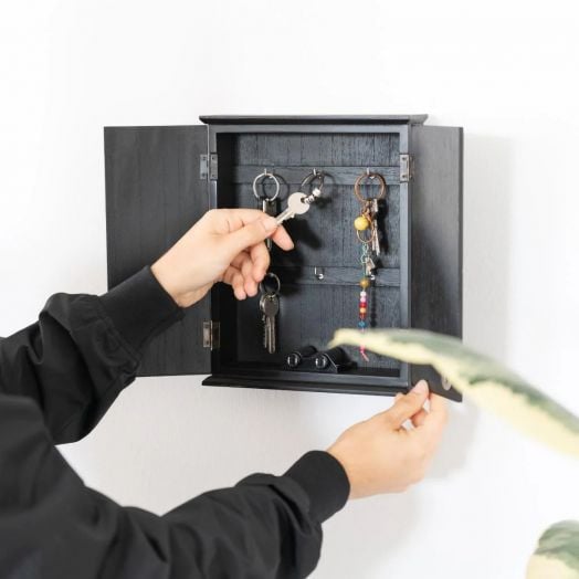 Човек отваря черна Поставка за ключове Grupo Erik Властелинът на пръстените - Вратите на Дурин, като подрежда грижливо няколко комплекта ключове вътре. Листно растение в долния десен ъгъл внася нотка зеленина в организираното пространство.-5