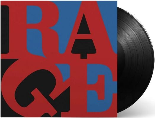 Винилова плоча, частично извадена от калъфа си. Обложката е с дръзки червени, черни и сини печатни букви, изписващи "RAGE", като ехо от албума Renegades на Rage Against The Machine - Renegades (VINYL), известен с колекцията си от кавър версии на песни.