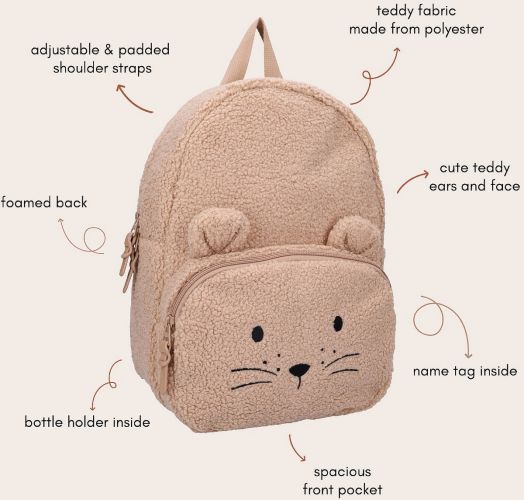 Светлокафява раница за детска градина „Vadobag Kidzroom Comfort Friends“ с симпатично личице и ушички на мече, преден джоб, подплатени презрамки, държач за бутилка, гърб с пяна за удобство и вътрешна етикетка за име. Стрелките на изображението посочват вс-5