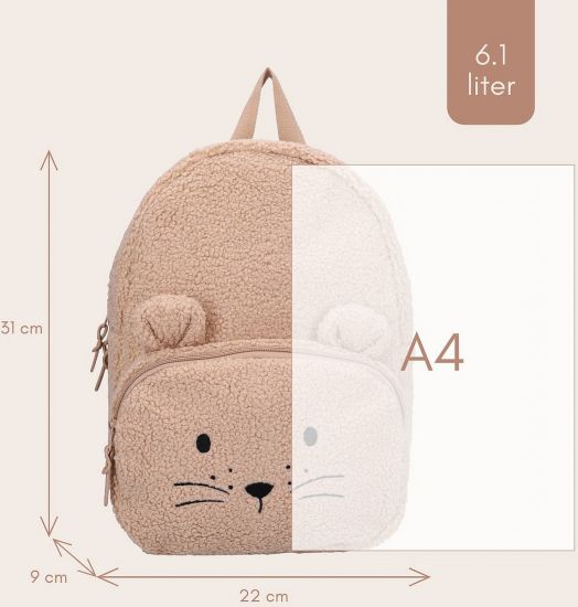 Раничката за детска градина „Vadobag Kidzroom Comfort Friends“ е бежова раница за деца с изображение на мечешко лице и уши. Тази мека детска раница е с размери 31 см височина, 22 см ширина и 9 см дълбочина, като предлага просторен обем от 6,1 литра. За ср-6