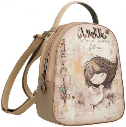 Раница Anekke Memories 19 х 23 х 8 см - дамска раница в бежово и розово с илюстрация на момиче, декоративен надпис, чаровна висулка на ципа, две презрамки и малка горна дръжка.-1
