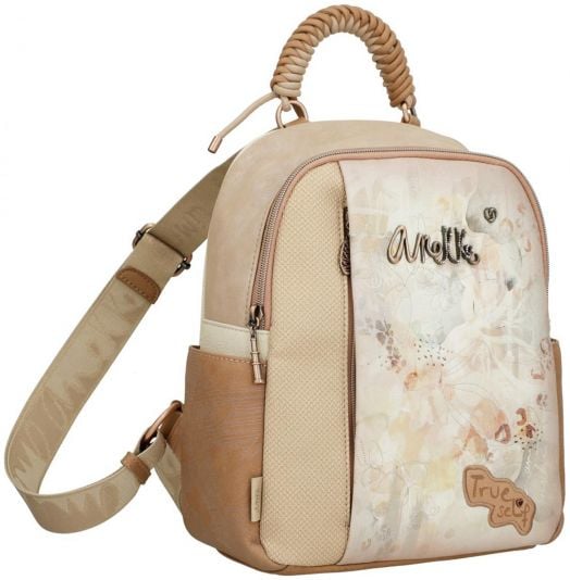Стилна дамска раница Anekke Memories 25x30x12 см в бежово и кремаво с флоралeн преден джоб, декоративни шевове, въжена дръжка, регулируема презрамка и надписи "Истинският Аз", "Анеке" и "Спомени за Анеке" отпред.-1