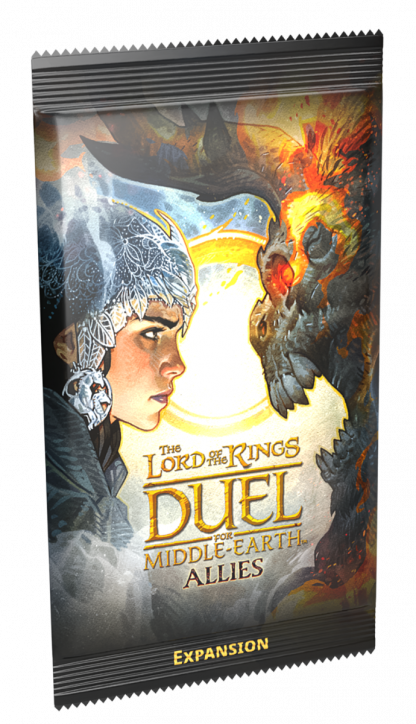 Опаковка от фолио разширение за настолна игра "Властелинът на пръстените": Дуел за Средната земя - Съюзници, с илюстрирани профили на брониран воин и огнено, зловещо създание един срещу друг.-1
