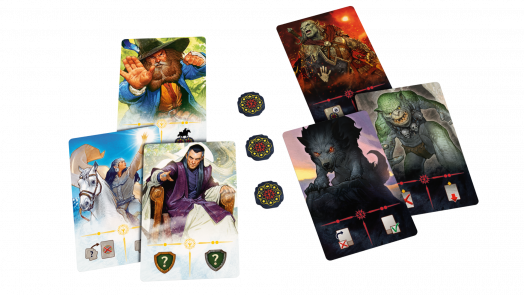 Шест илюстровани карти от Разширение за настолна игра "Властелинът на пръстените": Дуел за Средната земя - Съюзниците са групирани с три кръгли жетона между тях, показващи героите отляво и чудовищата отдясно.-4