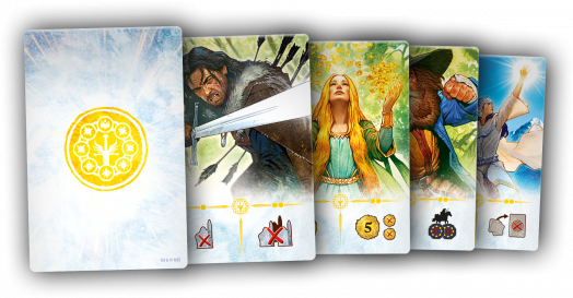 Пет илюстрирани карти за игра на фентъзи тематика от "Разширение за настолна игра Властелинът на пръстените: На четири от тях са изобразени герои с монети, торбички, пантера и знак Х, а на лявата карта има светеща жълта емблема.-3