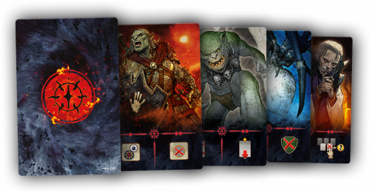 Пет илюстровани карти от "Разширение за настолна игра Властелинът на пръстените: Дуел за Средната земя - Съюзници" са разгърнати, като на тях са изобразени огнен червен символ и четирима свирепи герои: воин, гущер, звяр и магьосник.-2