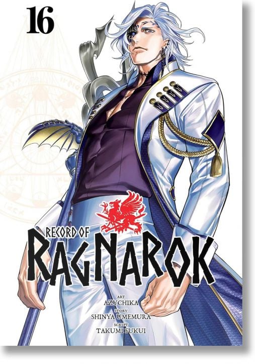 На корицата на Record of Ragnarok, Vol.16 е изобразен поразителен среброкос мъж в бяло-син костюм със златни акценти, който стои уверено сред епичната битка на богове срещу герои. Заглавието на поредицата и надписите са изведени на видно място.-1