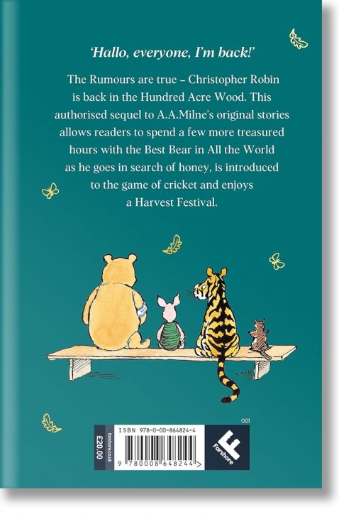 Илюстрация на Мечо Пух, Прасчо, Тигър и Ийор на пейка с птица наблизо. Над тях има текст, в който се отбелязва завръщането на Кристофър Робин в "Завръщане в Стоте акрови гори".-2