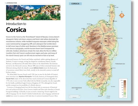 Страница от Rough Guides Corsica: Пътеводител с електронна книга представя острова, като включва карта от дясната страна, снимка на село на хълм от лявата страна, както и практически съвети за пътуване и описания на пейзажите и основните забележителности -2