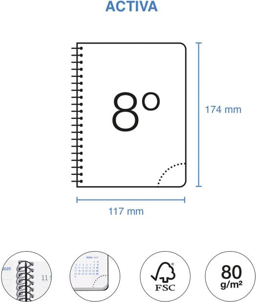 Илюстрация на седмичния тефтер-органайзер „Джобен“ Miquelrius Freedom за 10 месеца (септември 2026 г. – август 2027 г.) — компактен седмичен планирач. Иконите изобразяват спирална подвързия, календар, FSC сертификат и грамаж на хартията.-11