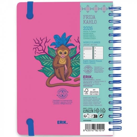 Седмичен тефтер-органайзер Grupo Erik Frida Kahlo 2026 е цветен планер в размер А5 със спираловидна подвързия, розова корица, сини пръстени и ленти, с илюстрирана маймуна върху листа и многоезични данни за 2026 г.-2