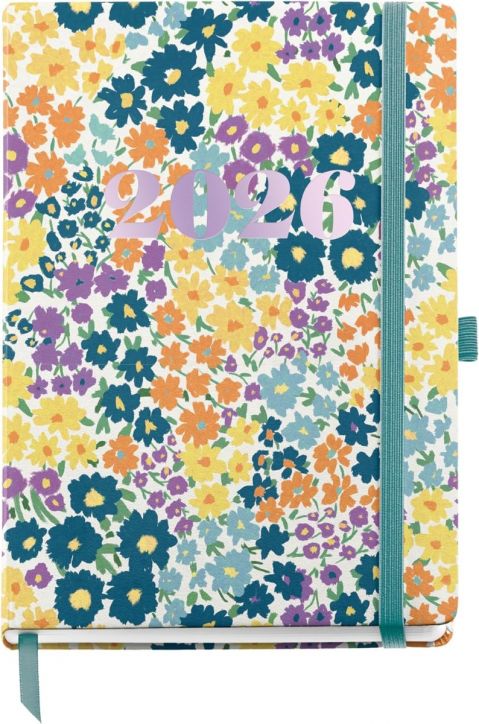 Седмичен тефтер - органайзер Miquelrius Natura Impressionist 2026 има корица с ярки цветя, ластик в цвят тил и книгоразделител с панделка - идеален като седмичен планер A5 или тефтер органайзер.-1