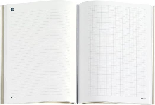 Отворен Седмичен тефтер - органайзер Miquelrius Natura Impressionist 2026 показва подредена лява страница за бележки и оформена с мрежа дясна страница за рисунки; и двете страници са чисти и неизползвани.-4