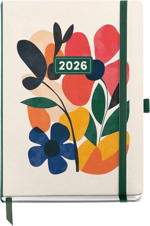 Организирайте седмицата си със седмичен тефтер-органайзер Miquelrius Natura Mini Garden 2026 с бяла корица, цветни абстрактни цветя и листа, зелен ластик и държач за химикал - идеален за вашия дневник през 2026 г.!.-1