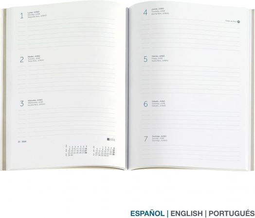 Отворен Седмичен тефтер - Оргаизер Miquelrius Natura Mini Garden 2026 показва седмичен план с подредени места за бележки и дни от понеделник, 1 юни, до неделя, 7 юни. Езикови опции в долния десен ъгъл: Еспаньол, английски, португалски.-2