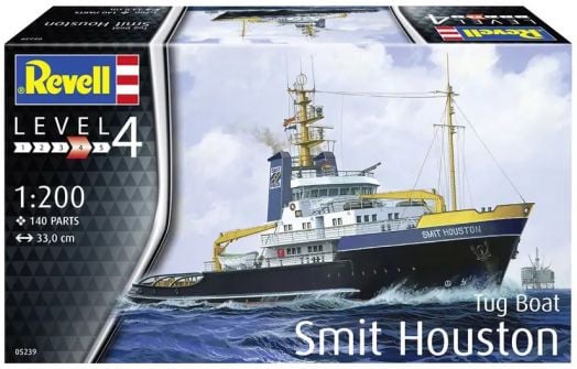 Кутията на сглобяем модел Revell - Кораб Smit Houston показва теглещ кораб в бурни води, с характеристики: мащаб 1:200, 140 части и готова дължина 33 см.-1
