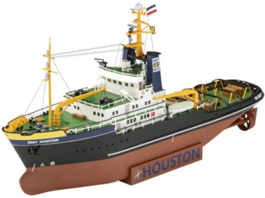Сглобяемият модел Revell - Кораб Smit Houston в мащаб 1:200 включва черно-бяла-зелена надстройка, оранжево-жълти мачти и името HOUSTON върху кафява основа.-2
