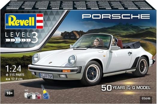 Сглобяем модел Revell - Porsche 911 G-Model Cabrio: бяла класика G-Series 911, управлявана от жена по живописен път. Кутията показва LEVEL 3, мащаб 1:24, "50 YEARS OF THE G MODEL", и икони за боя, четка и лепило.-1