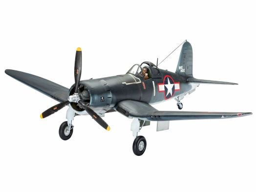 F4U-1A Corsair от Втората световна война, в поразително синьо с четирилопатно витло и американски знаци, вдъхновява сглобяем модел Revell - Самолет F4U-1A Corsair - идеален за любителите на модели на самолети.-2