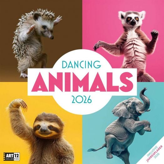 Стенен календар Ackermann Dancing Animals 2026 - Танцуващи животни показва таралеж, лемур, ленивец и слон в танцови пози на цветен фон и носи настроение с танцуващи животни през цялата година.-1