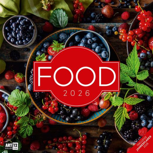 Жива смесица от пресни плодове обгръща червен център с надпис "FOOD 2026", напомнящ кулинарен календар. Зелени листа и прибори за хранене обрамчват оживената корица на стенен календар Ackermann Food 2026 - Храна.-1