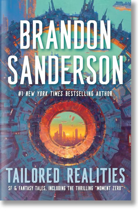 Корицата на книгата "Поръчкови реалности" с жив футуристичен град, видян през голям механичен кръг в сини, червени и оранжеви нюанси - поразителна фантастична визия.