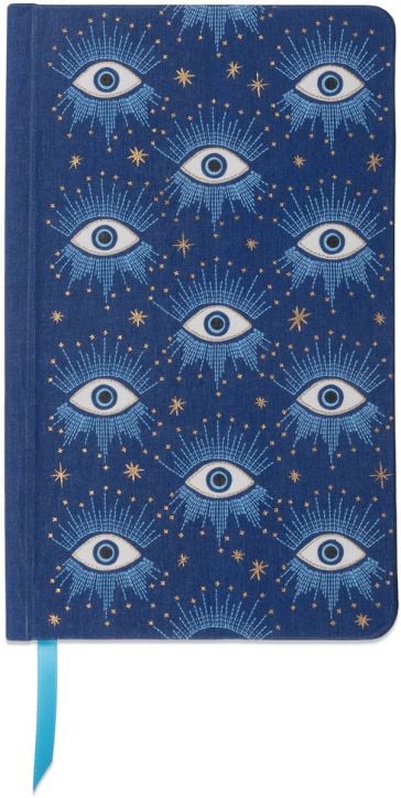 Тефтер DesignWorks Ink - Starry Eyed с твърда корица, синя рисунка на око със златни звезди и лъчи, ламинирана синя разделителна лента и линирани страници - идеален за водене на бележки.-1