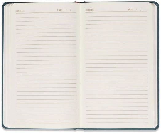 Отворен, стилен тефтер DesignWorks Ink - Teal Moon с твърда корица показва две кремави линирани страници с полета "Subject" и "Date" отгоре и хоризонтални линии за писане.-3