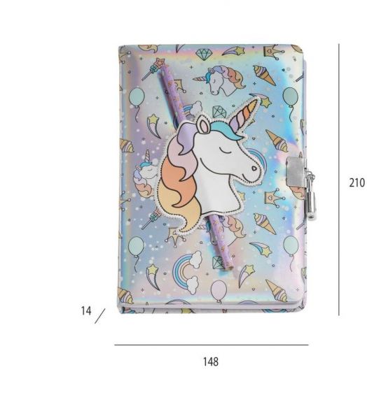 Тефтер Miquelrius Back2Fun Holographic Unicorn е пастелна тетрадка с холографски еднорог, звезди, шишарки и дъги на корицата. Отличава се с метален блясък, странично заключване, подходяща химикалка и размери в милиметри.-2