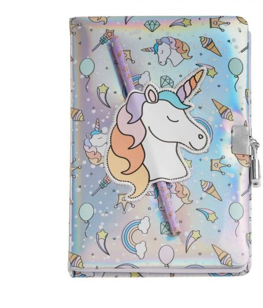 Тефтерът Miquelrius Back2Fun Holographic Unicorn има блестяща холографска корица с илюстрация на еднорог, закачливи шарки и се предлага с подходяща химикалка с мотиви на еднорог, прикрепена отпред.-1