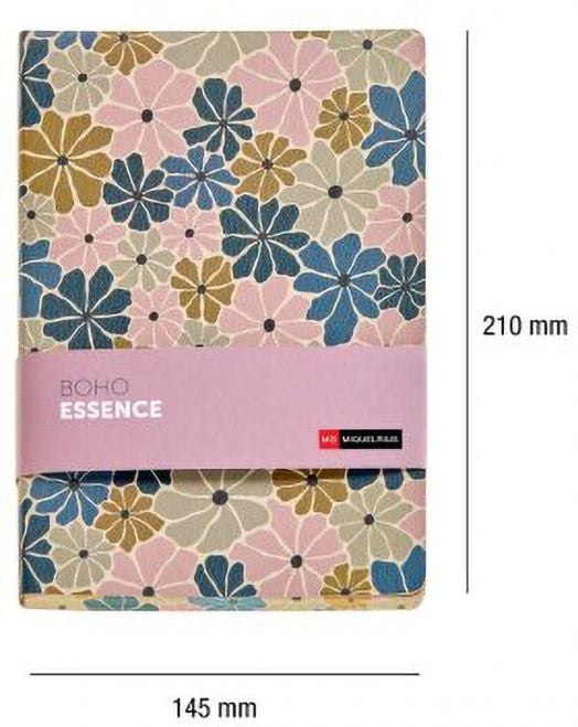 Тефтер Miquelrius Boho Essence A5 с 80 листа на точки (210x145 мм), флорален дизайн със сини, розови и бежови цветя и розова лента по средата с надпис BOHO ESSENCE.-2