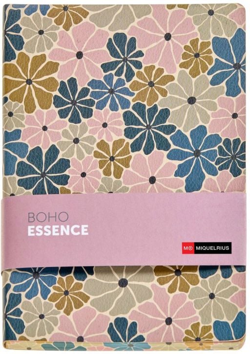 Тефтер Miquelrius Boho Essence A5 с 80 листа на точки, флорален капак в пастелни цветове и лавандулова лента с надпис BOHO ESSENCE и MIQUELRIUS - стилен избор за бележки.-1