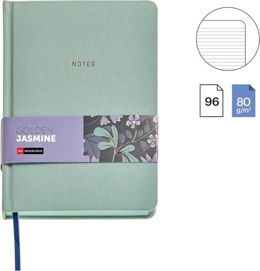 Тефтерът Miquelrius Golden Jazmin Fabric Green A5 има 96 листа с широки линийки, зелена твърда корица със златен надпис "NOTES", флорална лента, хартия с тегло 80 г/м² и книгоразделител със синя панделка.-2